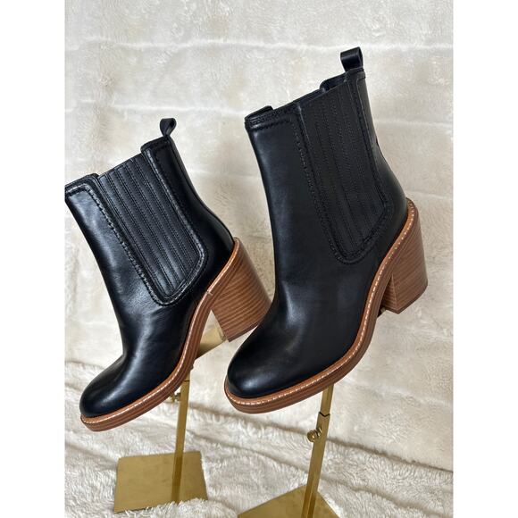 Marc Fisher 6.5 Black Leather Halida Tailored Bootie Block Heel Chelsea Pull On - Picture 2 of 5